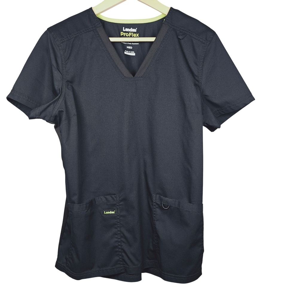 Landau ProFlex Women's Charcoal Gray Scrub Top V Neck Short Sleeve Modern Fit M